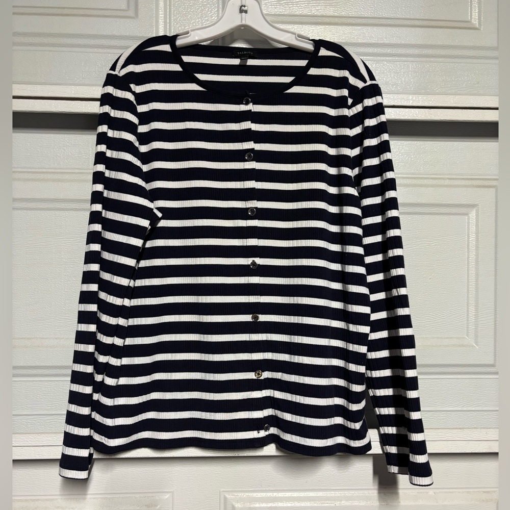 Talbots Navy and White Striped Cardigan Top
